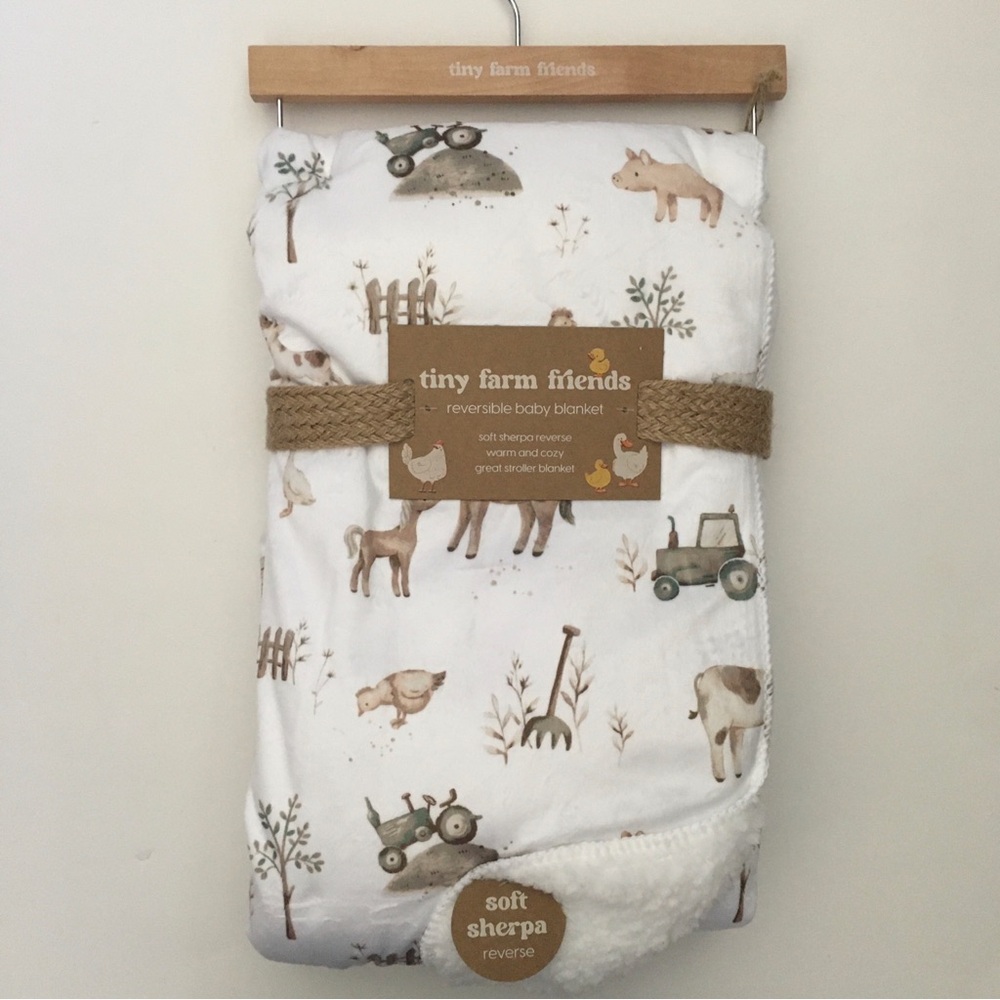 Baby Blanket Reversible to Soft Sherpa White | Tiny Farm Friends NEW